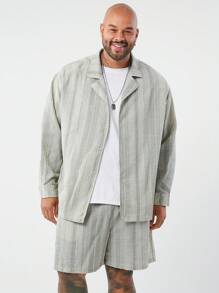 Manfinity NXTstreet Plus Size Men's Loose Striped Shirt And Woven Shorts Set, Blue White