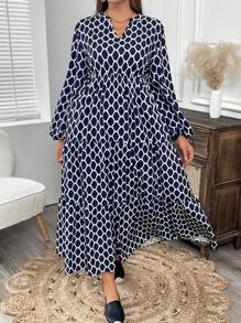 EMERY ROSE Đầm tay đèn lồng cổ chữ V họa tiết hình học xuân thu cỡ lớn cho nữ - Màu xanh hải quân - Xem 3