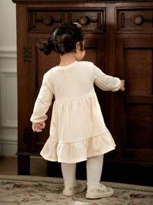 Cozy Pixies Baby Girl Wave Pattern Round Neck Dropped Shoulder Puff Sleeve Waisted Dress - Apricot - View 10