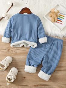 SHEIN 2件套男婴贴身纯色圆领长袖针织保暖睡衣套装，秋冬季 - 淺藍色 - 查看 2