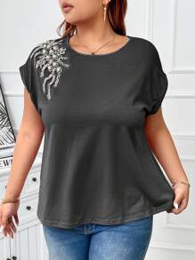 SHEIN Clasi Áo thun cổ tròn đính hạt cỡ lớn mùa hè - Màu xám đen - Xem 5