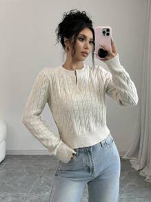 Selianne Women V-Neck Long Sleeve Solid Color Casual Cropped Sweater, Autumn/Winter,Long Sleeve Tops Knit Pullover Fall Outfit - Khaki - View 5