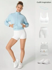 GLOWMODE Chaqueta reflectante para correr con cuello alto, mangas largas, bolsillos laterales, de tela elástica y absorbente de sudor para recorrer senderos - Celeste - Ver 7