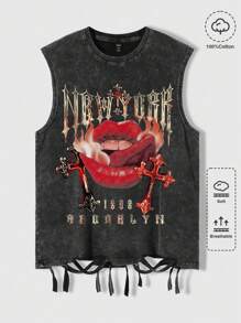 ROMWE MEN Street Life Spring/Summer Valentine 'Sday Casual Graphic Men'S Mouth Printed Washed Distressed Tank Top For Summer, School, 2000S Style - Black - View 1