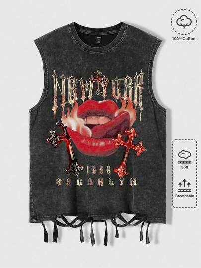 ROMWE MEN Street Life 男士口部印花水洗做旧背心，适合夏季、学校、2000 年代风格