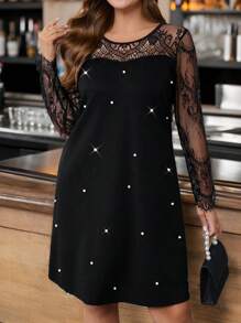 SHEIN Clasi Vestido recto elegante de trabajo, de manga larga, con cuello redondo, detalles de encaje y perlas falsas, informal para mujer de talla grande
