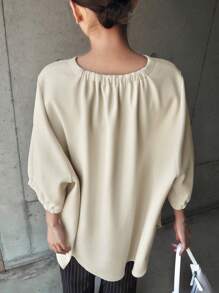 FRIFUL Women Casual Loose Solid Color T-Shirt, Autumn,Ruffle - Beige - View 2