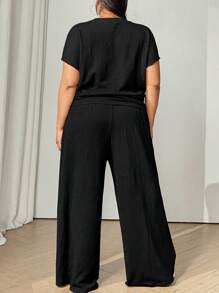 SHEIN CURVE+ 2pcs Plus Size Textured Knit T-Shirt And Drawstring Waist Pants Set, Casual - Black - View 2