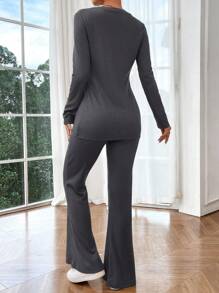 SHEIN 2pcs Maternity Solid Color Crew Neck Long Sleeve Blouse And Flare Leg Pants Set - Grey - View 2