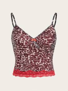Flirla Plus Size Bow Decor Vintage Leopard Lace Patchwork Camisole Top - Red - View 4