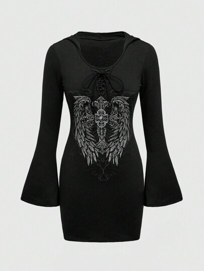 Grunge Punk Vestido con capucha con alas de cruz con piedras de estrás para mujer estilo grunge