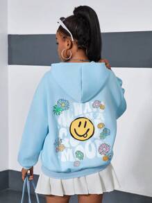 SHEIN Teen Girls Casual Cartoon & Letter Print Long Sleeve Hoodie Sweatshirt, Suitable For Autumn/Winter