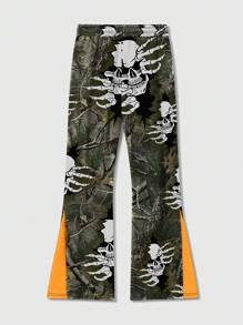 ROMWE MEN Street Life Pantalones de chándal acampanados con contraste de color, parche de rama de árbol y camuflaje, estilo callejero retro para hombre