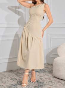 Chiquease Đầm dài đơn giản màu trơn xếp ly dài thường ngày cho nữ - Màu be - Xem 6