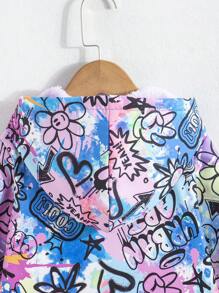 SHEIN 1 件年轻女孩可爱独角兽、星星和心形卡通印花毛绒衬里连帽夹克，带拉链开合，适合休闲户外活动，秋冬季保暖 - 彩色 - 查看 4