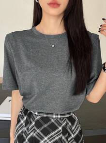 DAZY 女士纯色圆领短袖休闲 T 恤，夏季 - 深灰色 - 查看 2