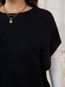 SHEIN LUNE Plus Size Women's Solid Color Loose Crew Neck Knit Sweater Vest, Fall/Winter - Black - View 6