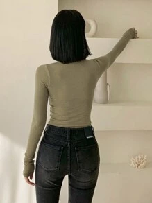 DAZY 女士纯色修身高领长袖休闲T恤，春秋季女装保暖内衬 - 卡其色 - 查看 5