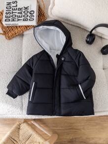 SHEIN Baby Boys Thick  Coat, Hooded, Color Block, Loose Fit, Mid-Length, Pockets, Zipper, Button, All-Match & Versatile, Warm For Home, Outings, And Playing In Snow, Fall/Winter - Black - View 6