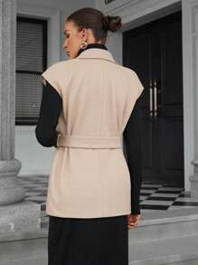 SHEIN Privé Simple Chic Mini Cap Sleeve Vest With Waist Belt - Apricot - View 8