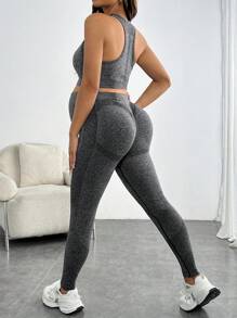 SHEIN Maternity Marled Print Racerback Crop Tank Top & High Waist Leggings Active Set - Grey - View 1