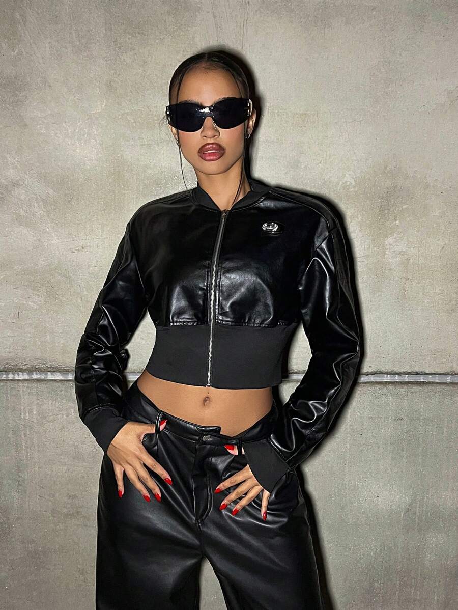 SHEIN ICON 女士春秋长袖修身绗缝滚边高腰短款 PU 夹克 - 黑色 - 查看 1