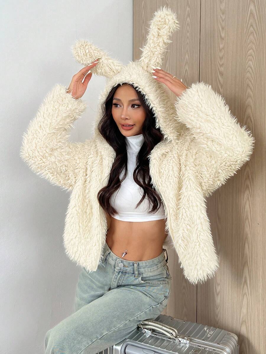 SHEIN EZwear Rabbit Ear Solid Color Fleece Hooded Long Sleeve Jacket - Beige - View 1