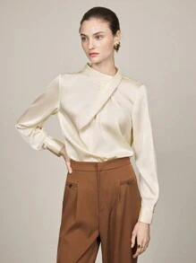 BizChic Women's Elegant Asymmetrical Design Collar Long Sleeve Blouse, Office Commute Wear - Apricot - View 6