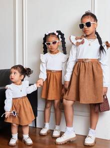 SHEIN Babygirl Autumn/Winter Cute Corduroy Color Block Ruffle Hem Long Sleeve Dress - Brown - View 1