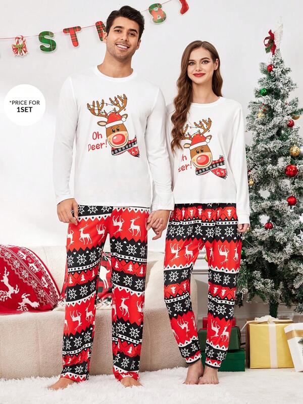 Manfinity CoupledUp Weihnachts-Muster Cartoon Muster Langarm Schlafanzug Set für Herren