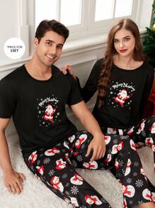 CoupledUp Santa Claus & Snowman Graphic Print Cute Christmas Men's Pajama Set - Multicolor - View 1