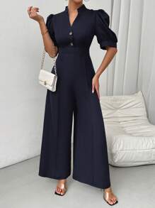 Chiquease Mono de pierna ancha con cuello en V, mangas abullonadas y cintura ceñida para mujer, verano