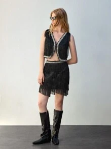 Maija 女式秋季优雅 V 领流苏无袖夹克