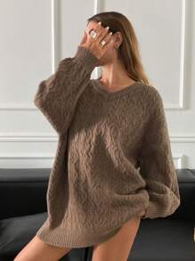 DAZY 女士纯色宽松V领长款麻花绳针织毛衣，秋季女装 - 咖啡棕 - 查看 4