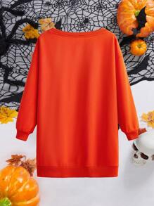 SHEIN Essnce Damen Halloween Thema Sweatshirt mit Langarm und Rundhals-Ausschnitt, Grafik Sweatshirt, Kürbis Sweatshirt, Halloween Sweatshirt, Halloween Kleidung, Oversized Sweatshirt, Warm gefütterter Sweatshirt mit Fleece, Off-Shoulder Sweatshirt - Gebrannte Orange - Übersicht 2