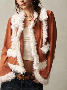 Bohemela 1 pieza Chaqueta de manga larga con solapa regular para vacaciones de mujer - Naranja - Ver 2