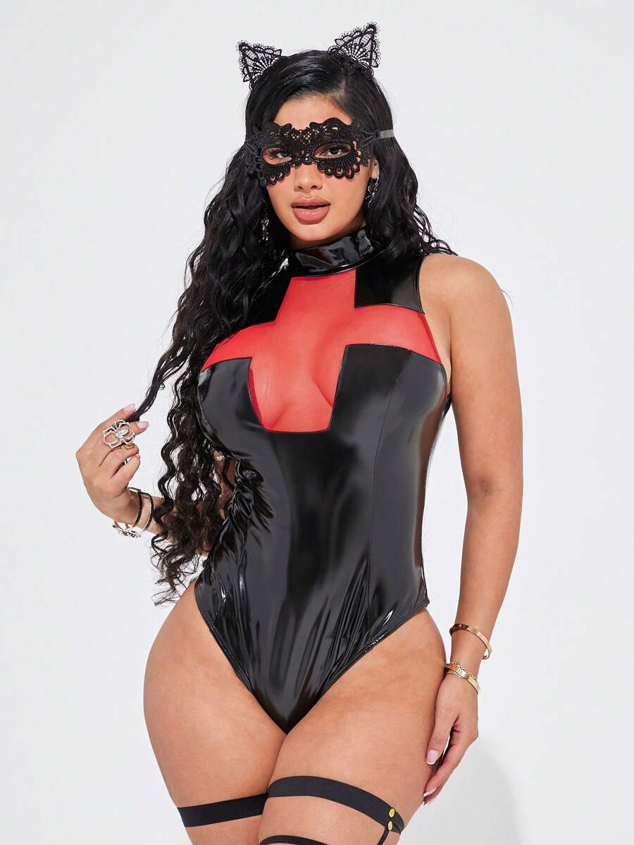 SHEIN SXY Women Contrast Color PU Leather & Mesh Splice Sexy Bodysuit - Black - View 1
