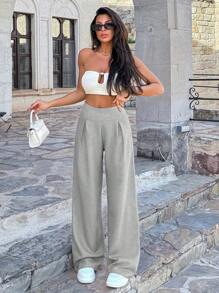 EURMUSE Pantalon large en lin casual pour femmes - Gris - Voir 6