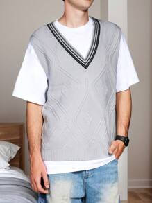 Manfinity Homme Áo len dệt kim cổ chữ V họa tiết sọc thông thường dành cho nam giới - Nhiều màu - Xem 3