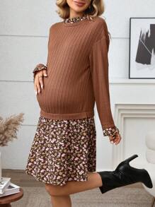 SHEIN Women's Floral Knit Patchwork Frill Trim Maternity Dress, Autumn