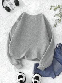 SHEIN EZwear Áo nỉ cổ tròn in họa tiết bí ngô Halloween & mèo đen cổ điển dành cho nữ - Màu Xám nhạt - Xem 2