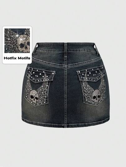 Grunge Punk Y2K Retro Millennium Skull & Wing Rhinestone Pocket Tight Mini Denim Skirt For Women, School
