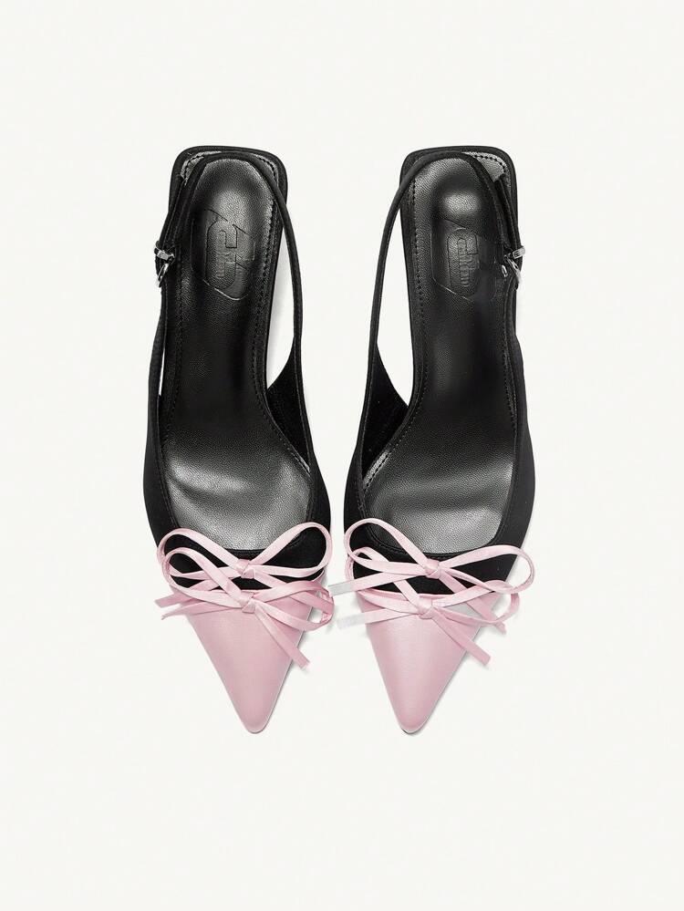 CUCCOO CHICEST Women's Pointed Toe High Heel Shoes, Pink With Black Bow Accent, Slingback Design, Minimalist Fashion Spring Shoes Spring Break Easter Prom Heels