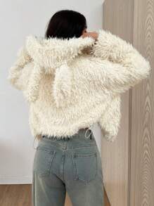 SHEIN EZwear Rabbit Ear Solid Color Fleece Hooded Long Sleeve Jacket - Beige - View 2