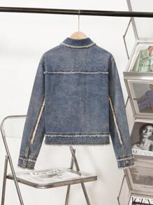 Chaqueta de mezclilla de estilo casual urbano, de moda, versátil y holgada con diseño gráfico personalizado y aspecto desgastado para adolescentes varones