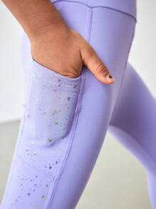 SHEIN 年轻女孩星空印花瑜伽紧身裤，带口袋，高弹力百搭经典健身裤，适合户外运动、慢跑、骑自行车、徒步旅行、室内训练 - 紫色 - 查看 6