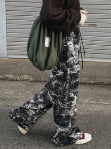 FRIFUL Pantalones casuales para mujer con bolsillo de cordón y estampado completo