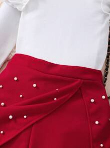 2 件套 青少年女孩荷叶边肩长袖上衣和短裙短裤套装 - 紅色 - 查看 4