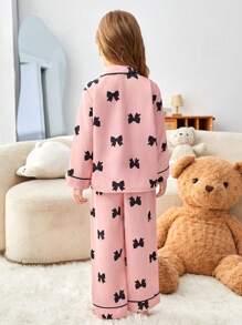 SHEIN Leap Crew 2 件装少女蝴蝶装饰翻领长袖衬衫和直腿休闲裤睡衣套装