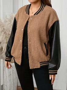 SHEIN LUNE Plus Size Women's Fashion Autumn/Winter Contrast Color Design Drop Shoulder Long Sleeve Casual Loose Baseball Jacket Warm And Comfortable Halloween Thanksgiving Outfit,Stylish Everyday Wear,Essentials,Super Warm And Soft!Casual Everyday Wear Teddy Velvet Striped Design Long Sleeve Contrast Color Baseball Collar Jacket Holiday Outfit